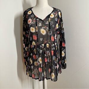 NEW! Eden & Olivia Women’s Sheer Black Floral -SZ M- 3/4 Sleeve Top Blouse